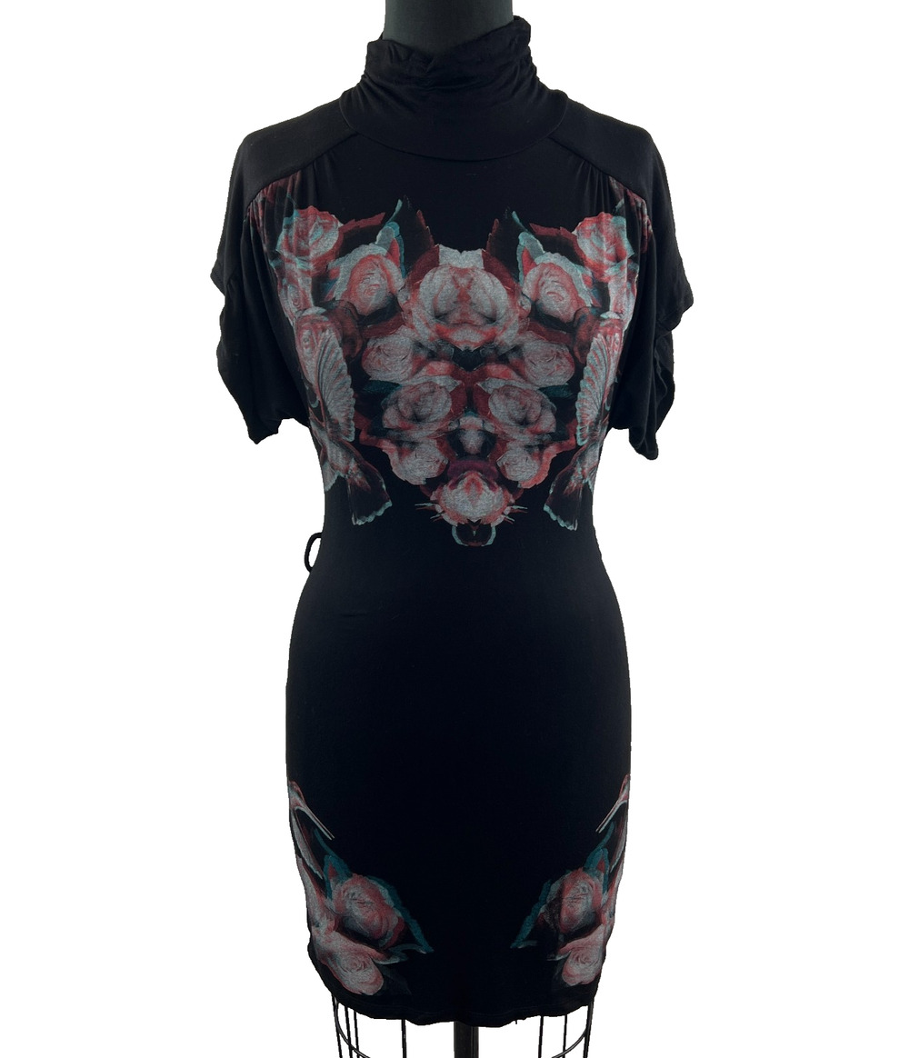 Trash & Luxury Black Rose Print TurtleNeck Tunic Top Dress Size M Medium